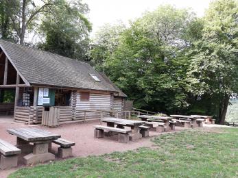Picnic benches outside cafe. 