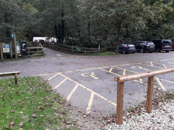 Accessible parking spaces opposite main route to Woods Cafe