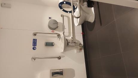 The accessible toilet. Showing the handrails, lowered sink and hand dryer and pull cord.