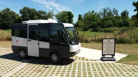 Our electric shuttle buses  run at regular intervals from and to the car park