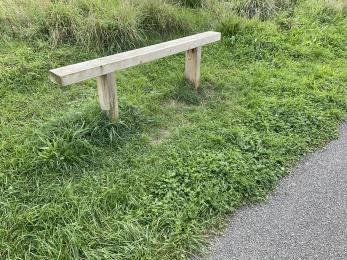 Wooden bench seat on the Trail located on grass