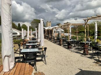 The outside cafe seating area overlooking the gardens.