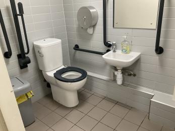 Accessible toilet showing white toilet, and sink with contrast blue toilet seat and grab rails.