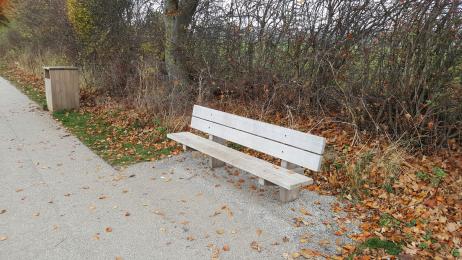 There are benches and seating areas around the path in the parkland