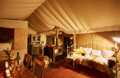 Level living area inside Yealm safari tent