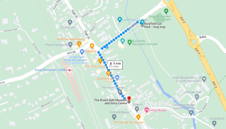 Google Maps route plan from Buryfield Car Park to the Museum