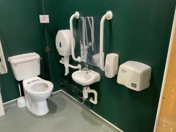 Toilet interior showing white toilet, sink and hand dryer against contrasting green walls.