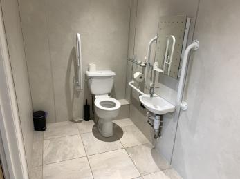 Accessible toilet and sink with rails.