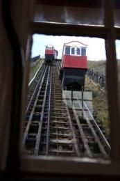 Trams on the track at Saltburn Cliff Tramway