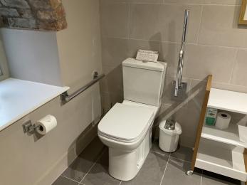 Right hand transfer toilet with grab rails and portable, shelved trolley