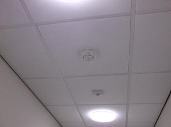 Fire alarm on corridor ceiling.