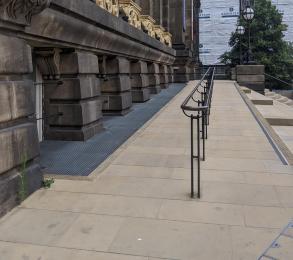 Ramp to Leeds City Museum main entrance, with handrail