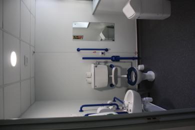 Showing accessible toilet and hand basin, handrails on the walls
