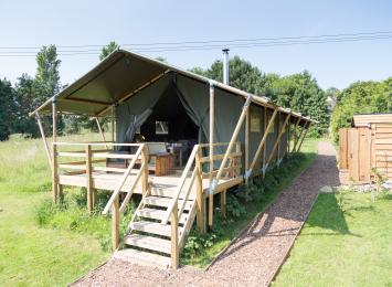 Meadow Escape safari tent and entrance at Sibbecks Farm Glamping