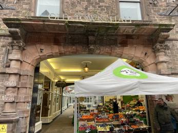 The entrance to the arcade at the shop end.  This is the narrowest point - where Joe's Fruit and Veg is situated.