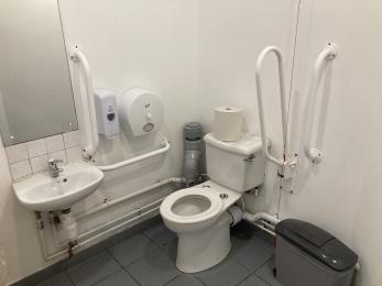 Toilet includes multiple handrails, adaquate space for a wheelchair and a pull cord which will raise an alarm in Security.
