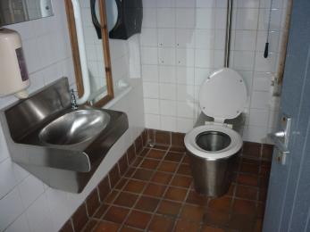 A white tiled bathroom showing rails near the toilet and a wall hung sink. 