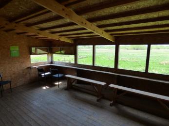 Lapwing Hide - Fixed benches at paned windows and a wheelchair accessible space on the left