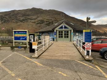 The main entrance to the Glenridding Pier House, with ramped access and a manually opening double door.