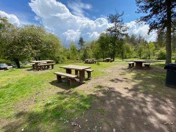 Wooden picnic benches located on uneven grassed area.
