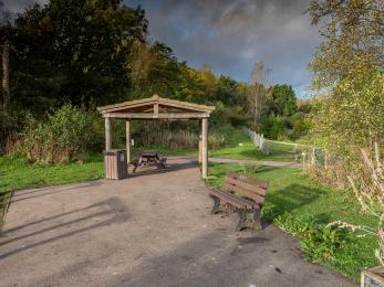 Reedbed shelter picnic table with disabled visitor access