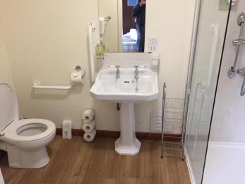 Grab rails and a pedestal sink with access to toilet on the left.