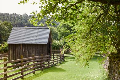 Grass walkway showing shepherd's hut