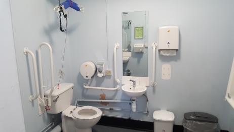 Space to change showing toilet, sink and hoist