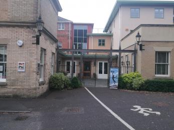 Main Entrance to the Shelley Theatre, wide accessible doors with level access into the building.