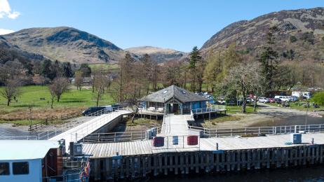 An aerial shot showing the Glenridding pier and pier house facilities