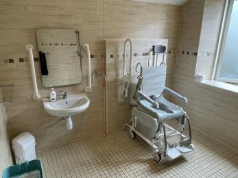 Aquatec Shower/commode chair in place over toilet.