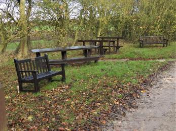 Side view of picnic area depicting very wide access to the grassed area. Access seating and table provided.