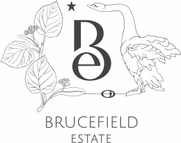Brucefield Estate logo: letters BE, on left lime tree blossom, at top a 5-pointed star, on right a swan, at bottom a buckle an