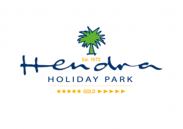 Photo of Hendra Holiday Park Logo which includes a palm tree over a white background and 5 star rating.