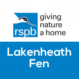 A blue and white image of the RSPB 'Giving Nature a Home' logo with 'Lakenheath Fen' in larger font below it.