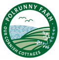 Polrunny Farm's logo - green fields gently sloping down to the sea beyond, with birds flying overhead and berries in a bush.