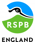 logo of RSPB England, showing the head of an avocet with green land and blue sky behind it