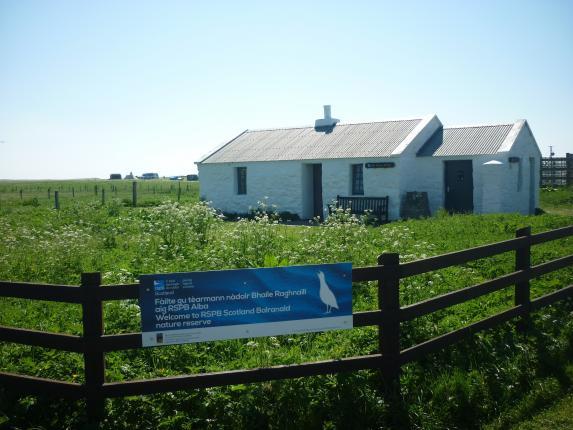 Balranald visitor centre is small white-washed blackhouse surrounded by wild flowers. 